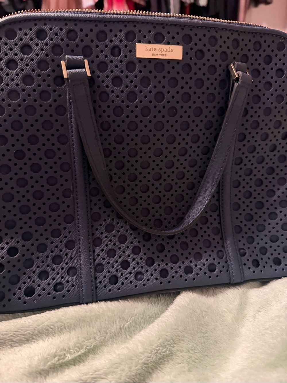 kate spade navy perforated leather tote with gold plaque